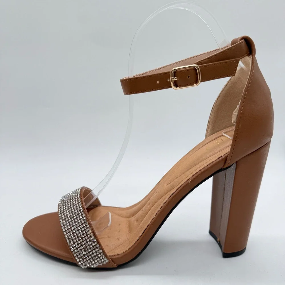 Womens Cognac Brown Rhinestone Ankle Strap Block Heel Sandals Size 9 Dressy